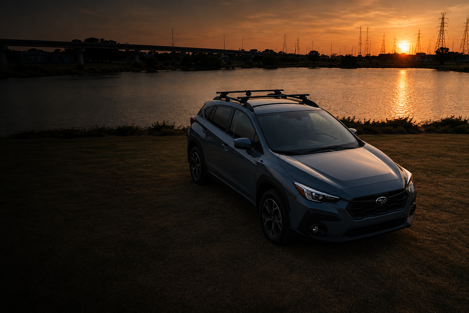 Subaru Crosstrek parked by a Dallas lake at sunset
